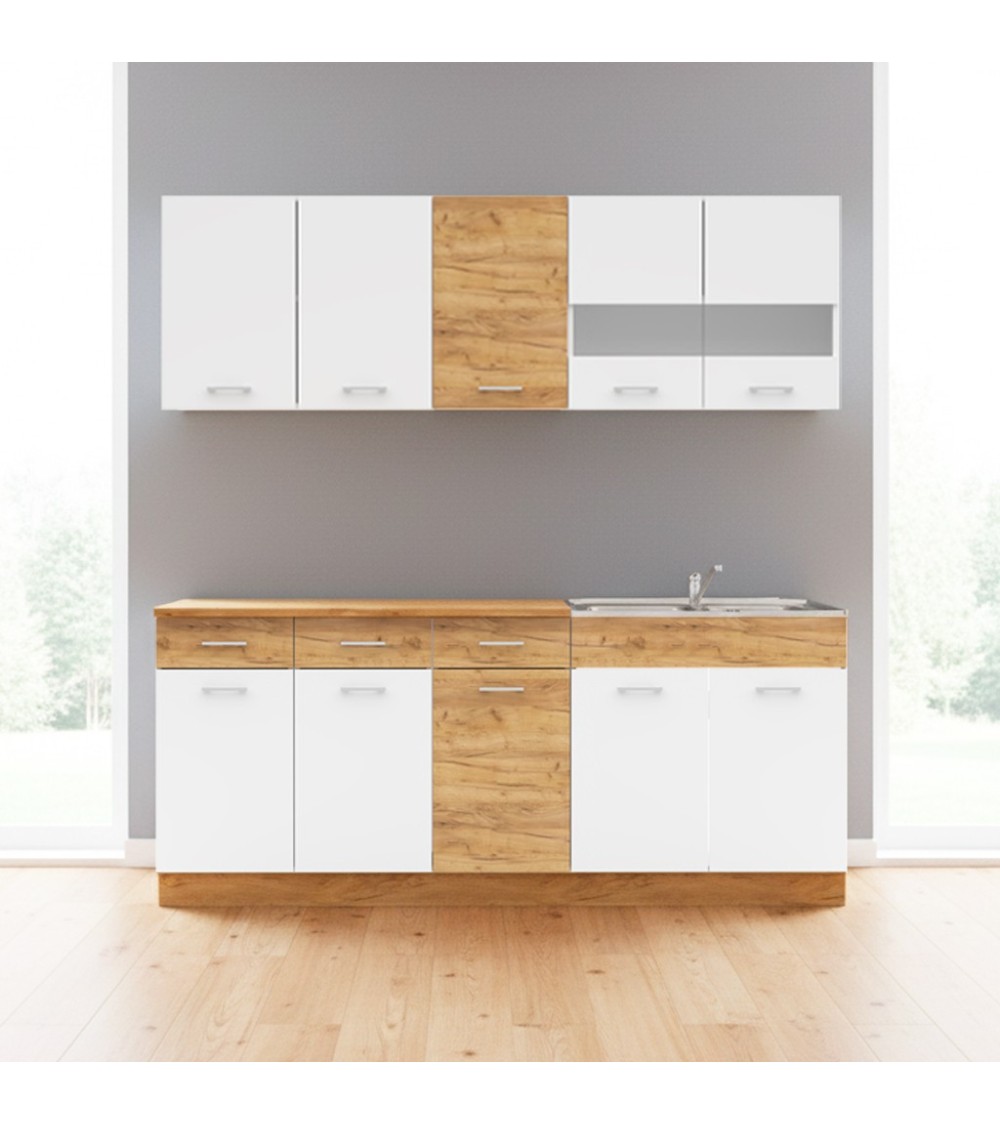Cucina monoblocco 200 cm Erika in colore bianco e rovere
