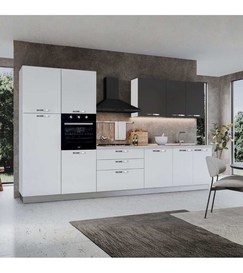 Cucina reversibile Iris 360 cm con cassa bianca base e colonne bianco lucido e e pensili grafite