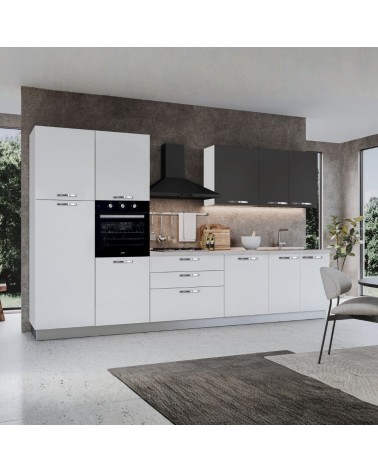 Cucina reversibile Iris 360 cm con cassa bianca base e colonne bianco lucido e e pensili grafite