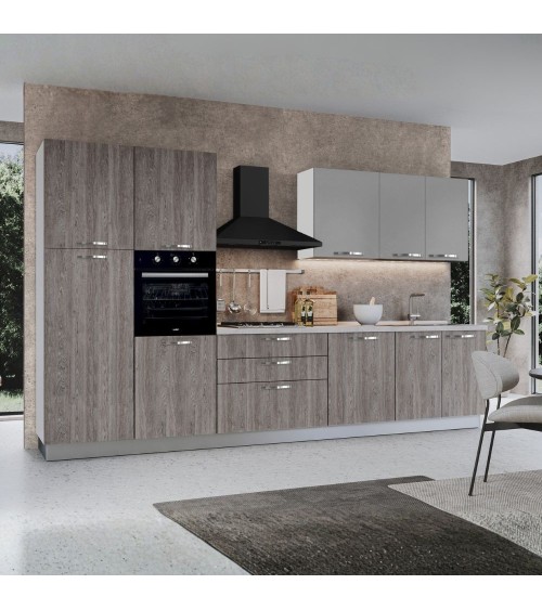 Cucina reversibile Iris 360 cm con cassa bianca base e colonne forest grigio e pensili grigio chiaro