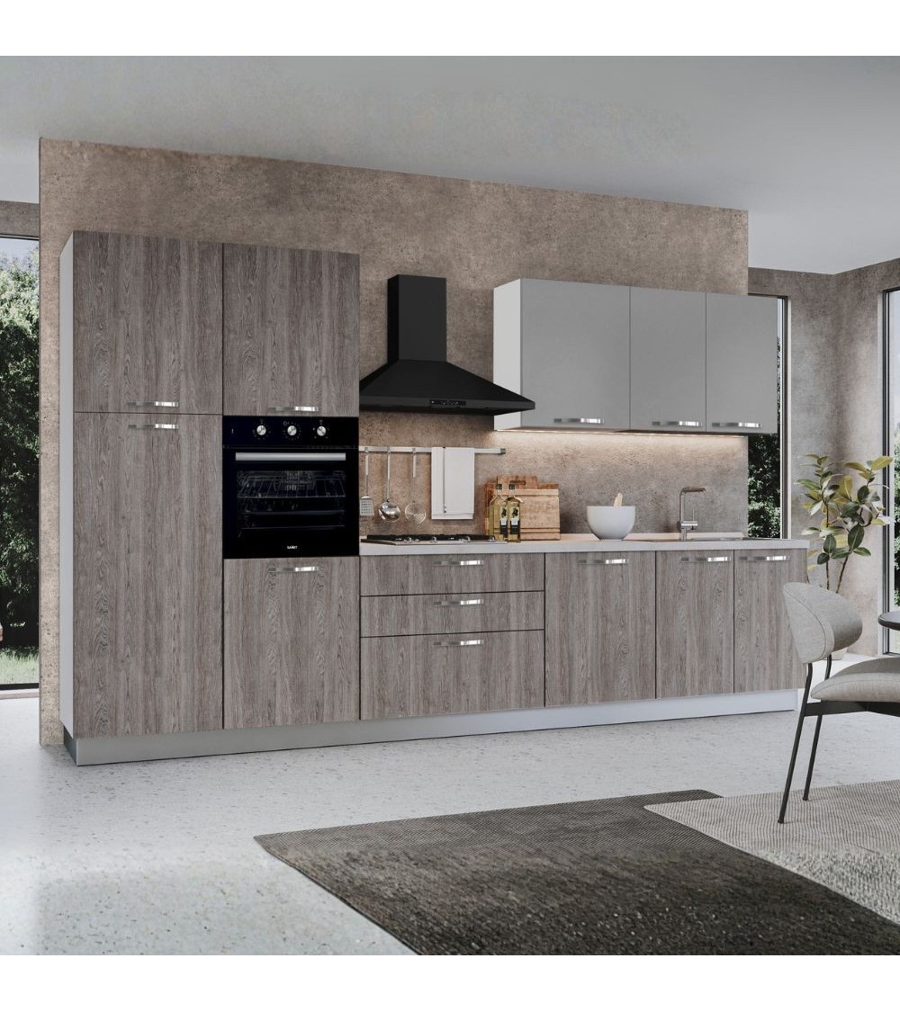 Cucina reversibile Iris 360 cm con cassa bianca base e colonne forest grigio e pensili grigio chiaro