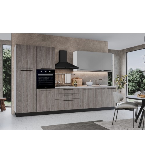 Cucina reversibile Iris 360 cm con cassa bianca base e colonne forest grigio e pensili grigio chiaro