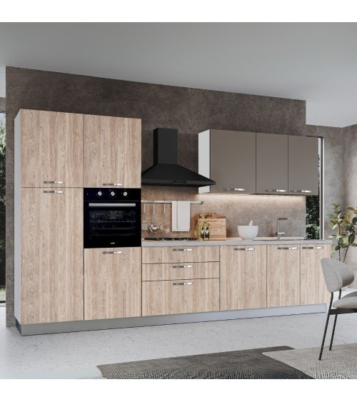 Cucina reversibile Iris 360 cm con cassa bianca base e colonne rovere gessato naturale e pensili tortora