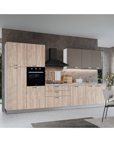 Cucina reversibile Iris 360 cm con cassa bianca base e colonne rovere gessato naturale e pensili tortora