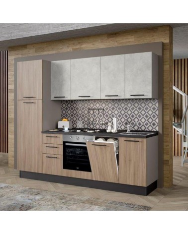 Cucina Licola 255x216H reversibile colore noce chiaro e pensili spatolato con lavastoviglie