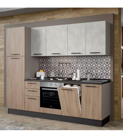 Cucina Licola 255x216H reversibile colore noce chiaro e pensili spatolato con lavastoviglie