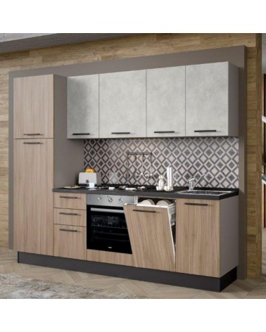 Cucina Licola 255x216H reversibile colore noce chiaro e pensili spatolato con lavastoviglie