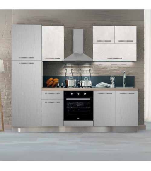 Cucina bloccata Molly in canyon white con struttura tortora e pensili spatolato 255x216H cm elettrodomestici inclusi