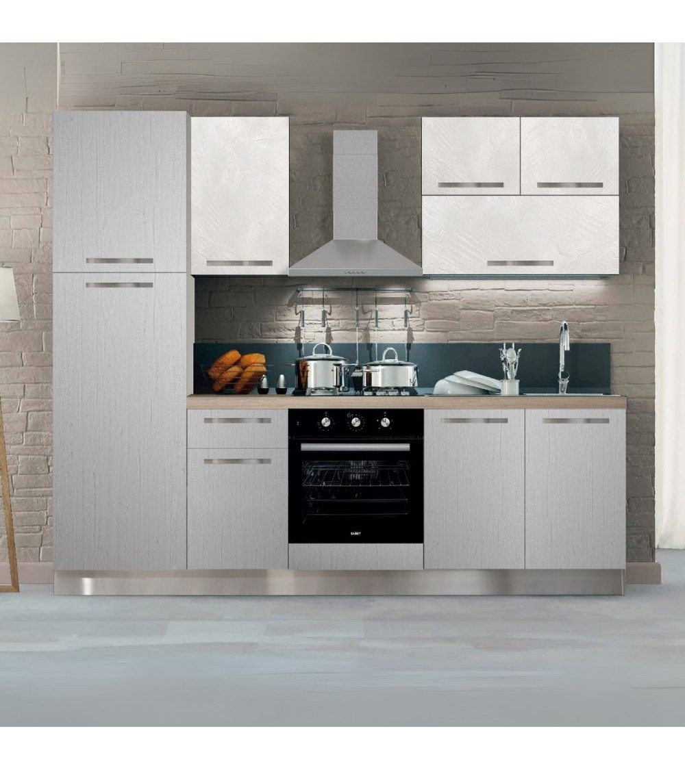 Cucina bloccata Molly in canyon white con struttura tortora e pensili spatolato 255x216H cm elettrodomestici inclusi