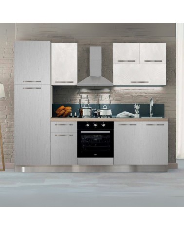 Cucina bloccata Molly in canyon white con struttura tortora e pensili spatolato 255x216H cm elettrodomestici inclusi