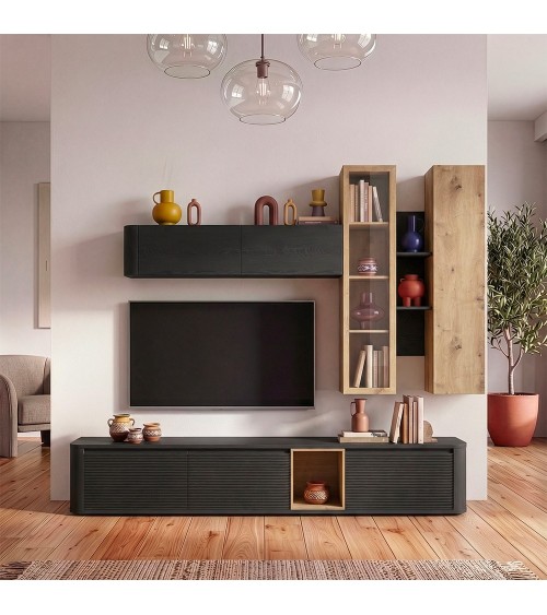 Soggiorno parete attrezzata Core grande con porta tv e pensili in colore rovere e nero