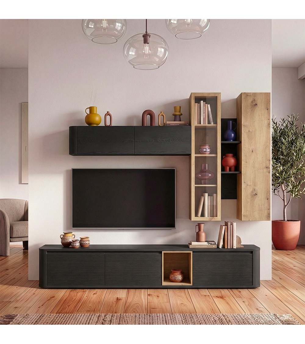 Soggiorno parete attrezzata Core grande con porta tv e pensili in colore rovere e nero