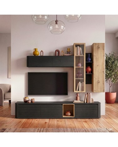 Soggiorno parete attrezzata Core grande con porta tv e pensili in colore rovere e nero