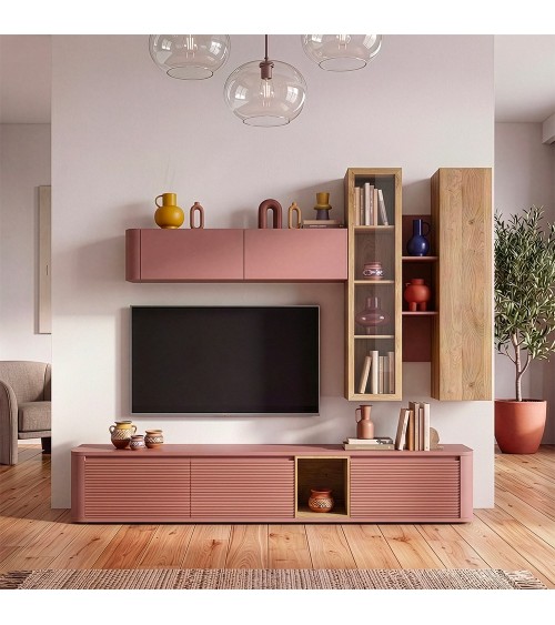 Soggiorno parete attrezzata Core grande con porta tv e pensili in colore rovere e terracotta