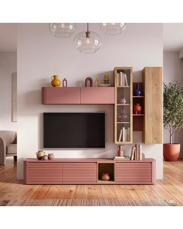 Soggiorno parete attrezzata Core grande con porta tv e pensili in colore rovere e terracotta