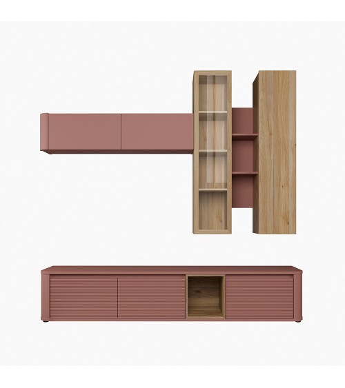 Soggiorno parete attrezzata Core grande con porta tv e pensili in colore rovere e terracotta