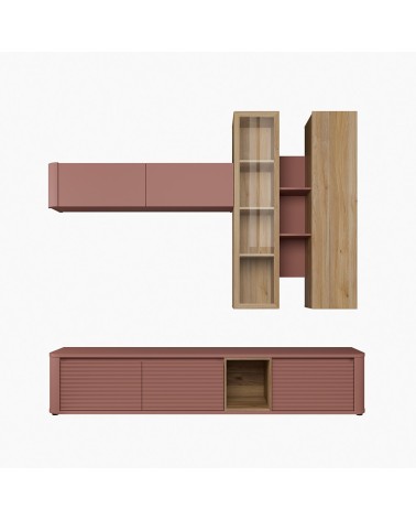 Soggiorno parete attrezzata Core grande con porta tv e pensili in colore rovere e terracotta