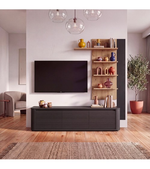 Soggiorno parete attrezzata Core piccolo con porta tv e libreria pensile in rovere e nero