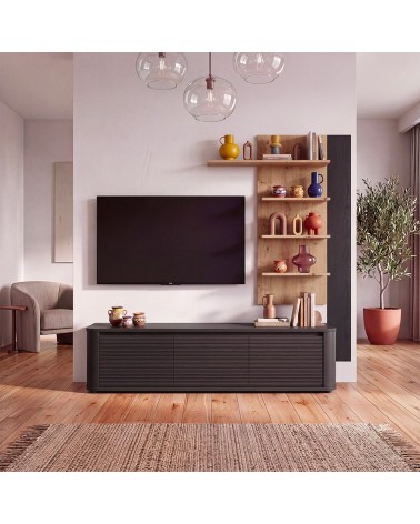 Soggiorno parete attrezzata Core piccolo con porta tv e libreria pensile in rovere e nero
