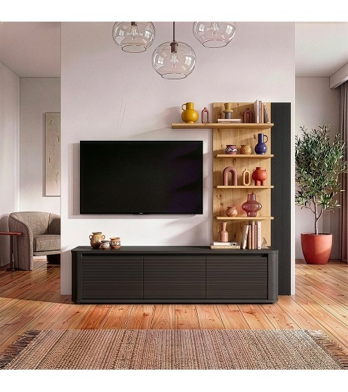 Soggiorno parete attrezzata Core piccolo con porta tv e libreria pensile in rovere e nero