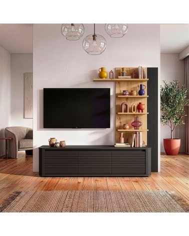 Soggiorno parete attrezzata Core piccolo con porta tv e libreria pensile in rovere e nero