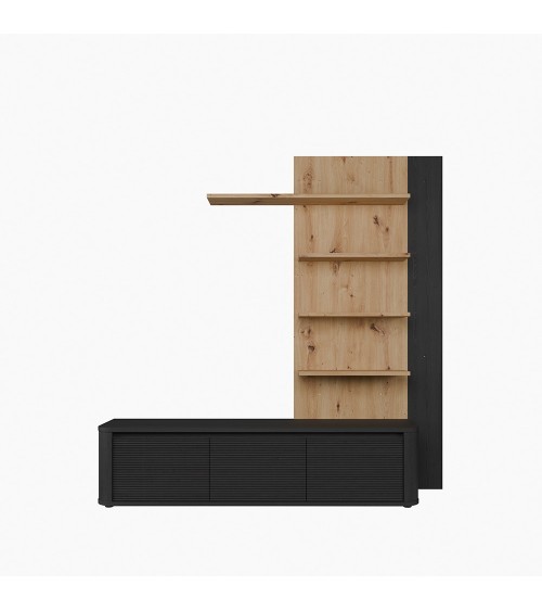 Soggiorno parete attrezzata Core piccolo con porta tv e libreria pensile in rovere e nero