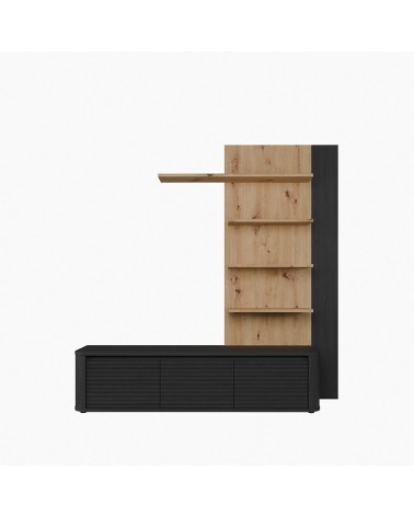 Soggiorno parete attrezzata Core piccolo con porta tv e libreria pensile in rovere e nero