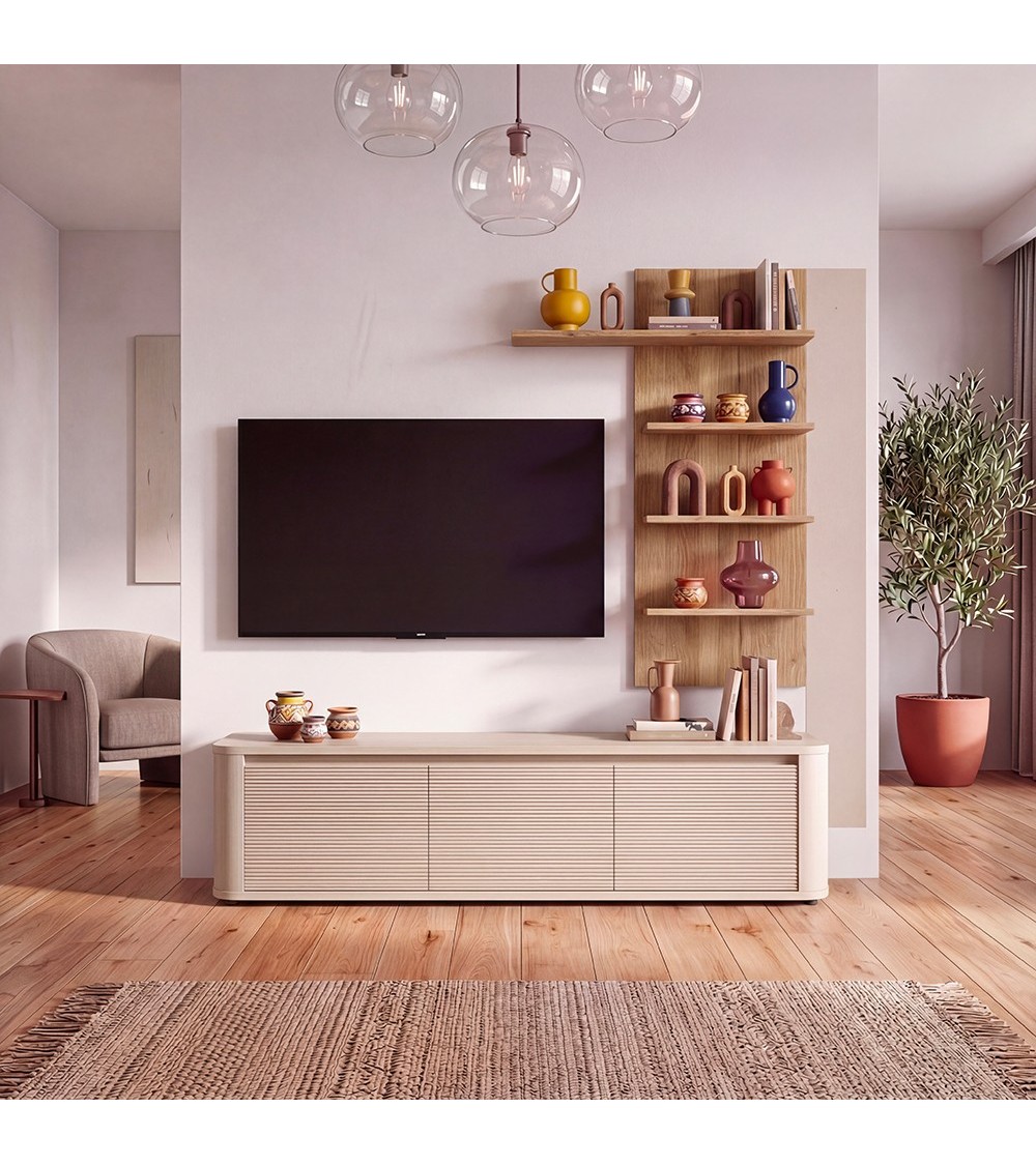 Soggiorno parete attrezzata Core piccolo con porta tv e libreria pensile in rovere e cashmere