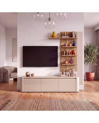 Soggiorno parete attrezzata Core piccolo con porta tv e libreria pensile in rovere e cashmere