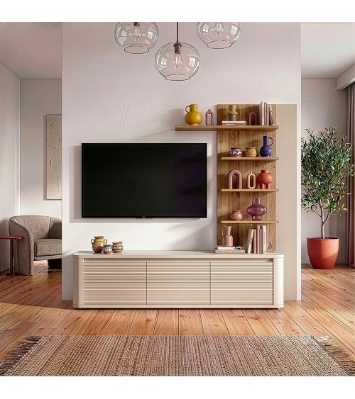 Soggiorno parete attrezzata Core piccolo con porta tv e libreria pensile in rovere e cashmere