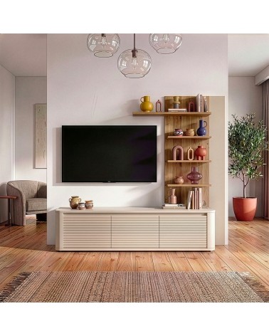 Soggiorno parete attrezzata Core piccolo con porta tv e libreria pensile in rovere e cashmere