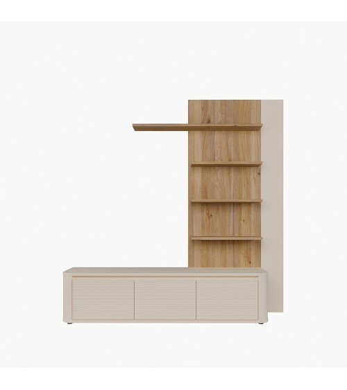 Soggiorno parete attrezzata Core piccolo con porta tv e libreria pensile in rovere e cashmere