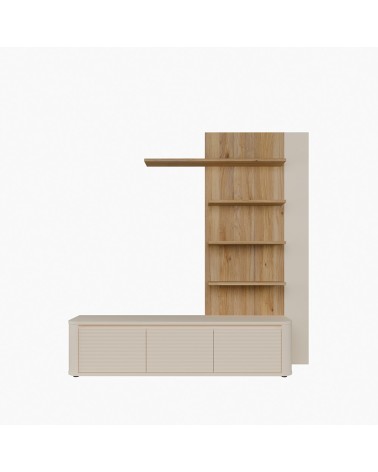 Soggiorno parete attrezzata Core piccolo con porta tv e libreria pensile in rovere e cashmere