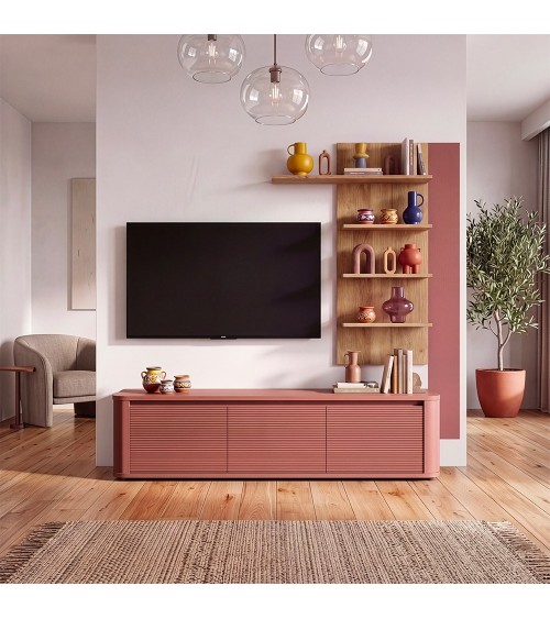 Soggiorno parete attrezzata Core piccolo con porta tv e libreria pensile in rovere e terracotta