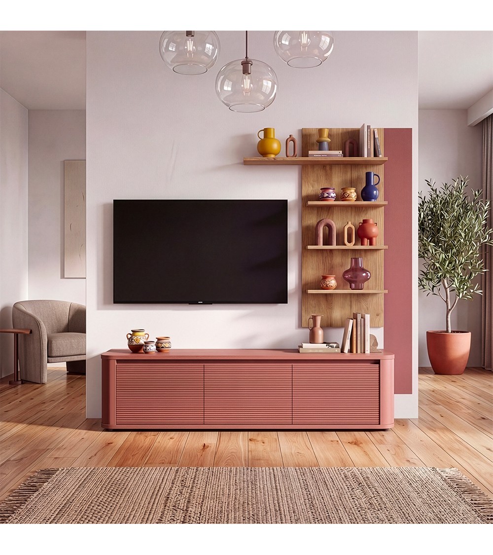 Soggiorno parete attrezzata Core piccolo con porta tv e libreria pensile in rovere e terracotta