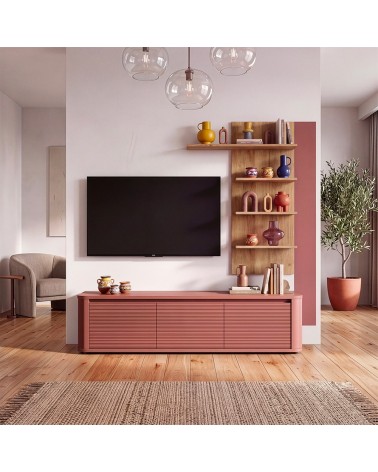 Soggiorno parete attrezzata Core piccolo con porta tv e libreria pensile in rovere e terracotta