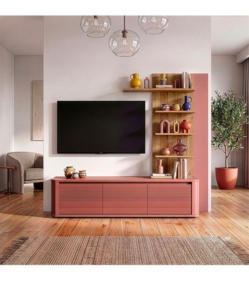 Soggiorno parete attrezzata Core piccolo con porta tv e libreria pensile in rovere e terracotta