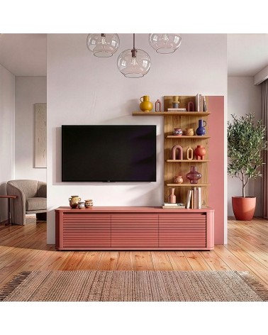 Soggiorno parete attrezzata Core piccolo con porta tv e libreria pensile in rovere e terracotta