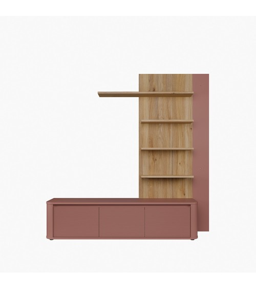 Soggiorno parete attrezzata Core piccolo con porta tv e libreria pensile in rovere e terracotta