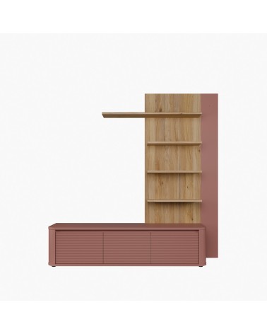 Soggiorno parete attrezzata Core piccolo con porta tv e libreria pensile in rovere e terracotta