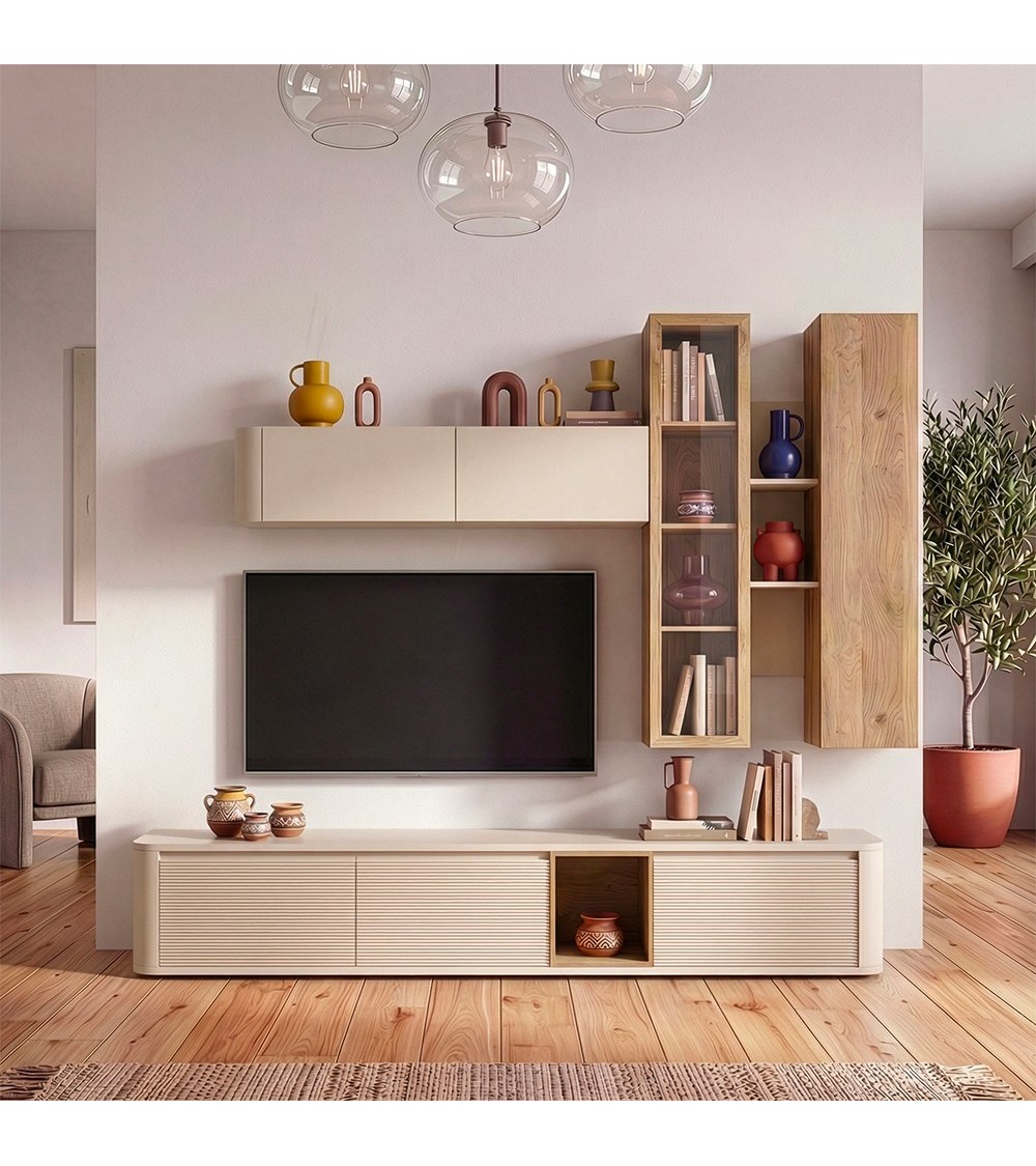 Soggiorno parete attrezzata Core grande con porta tv e pensili in colore rovere e cashmere