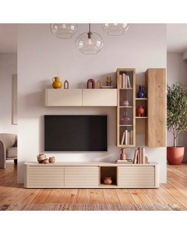 Soggiorno parete attrezzata Core grande con porta tv e pensili in colore rovere e cashmere