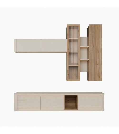 Soggiorno parete attrezzata Core grande con porta tv e pensili in colore rovere e cashmere