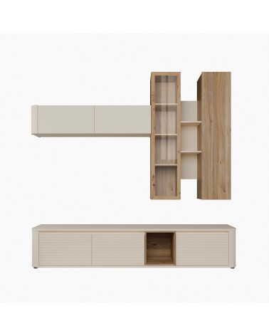 Soggiorno parete attrezzata Core grande con porta tv e pensili in colore rovere e cashmere