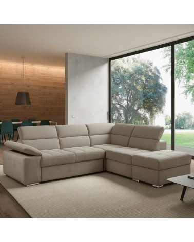 Divano letto angolare Capri reversibile con 5 poggiatesta regolabili e pouf indipendente in Aragon 20 tortora