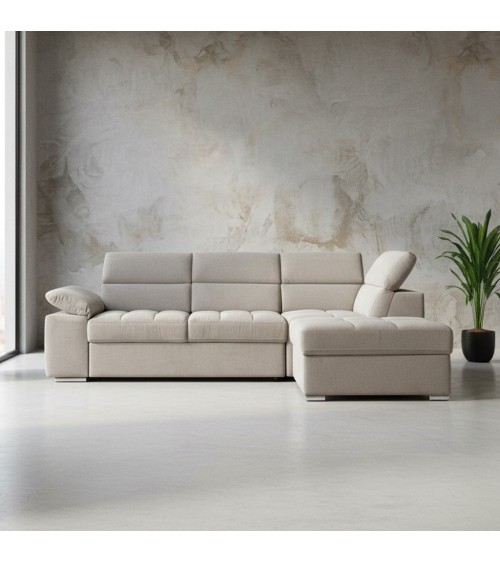 Divano letto angolare Capri reversibile con 5 poggiatesta regolabili e pouf indipendente in Aragon 20 tortora