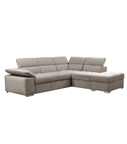 Divano letto angolare Capri reversibile con 5 poggiatesta regolabili e pouf indipendente in Aragon 20 tortora