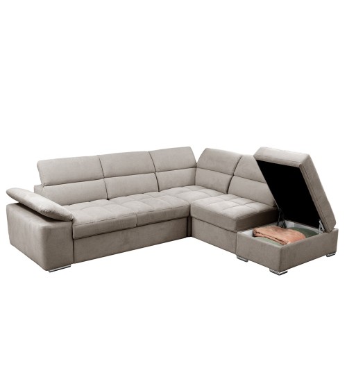 Divano letto angolare Capri reversibile con 5 poggiatesta regolabili e pouf indipendente in Aragon 20 tortora