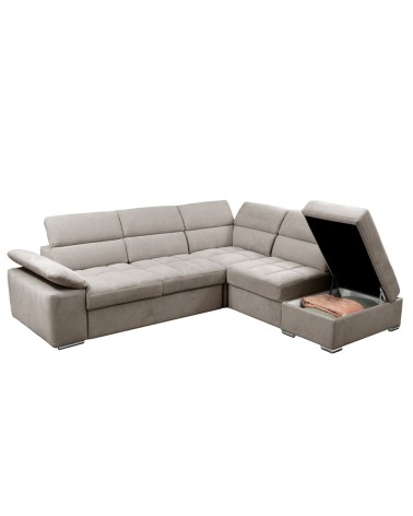 Divano letto angolare Capri reversibile con 5 poggiatesta regolabili e pouf indipendente in Aragon 20 tortora