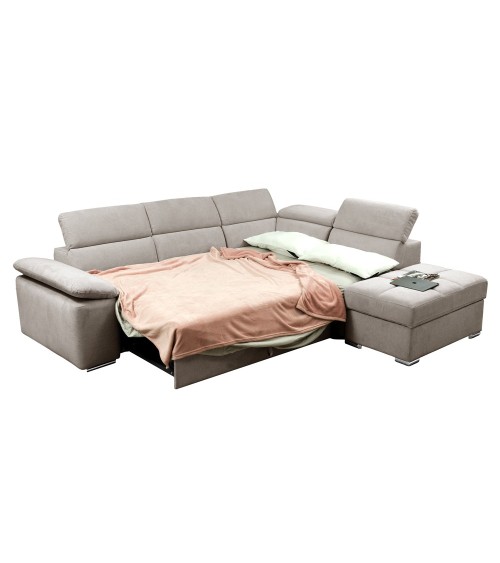 Divano letto angolare Capri reversibile con 5 poggiatesta regolabili e pouf indipendente in Aragon 20 tortora